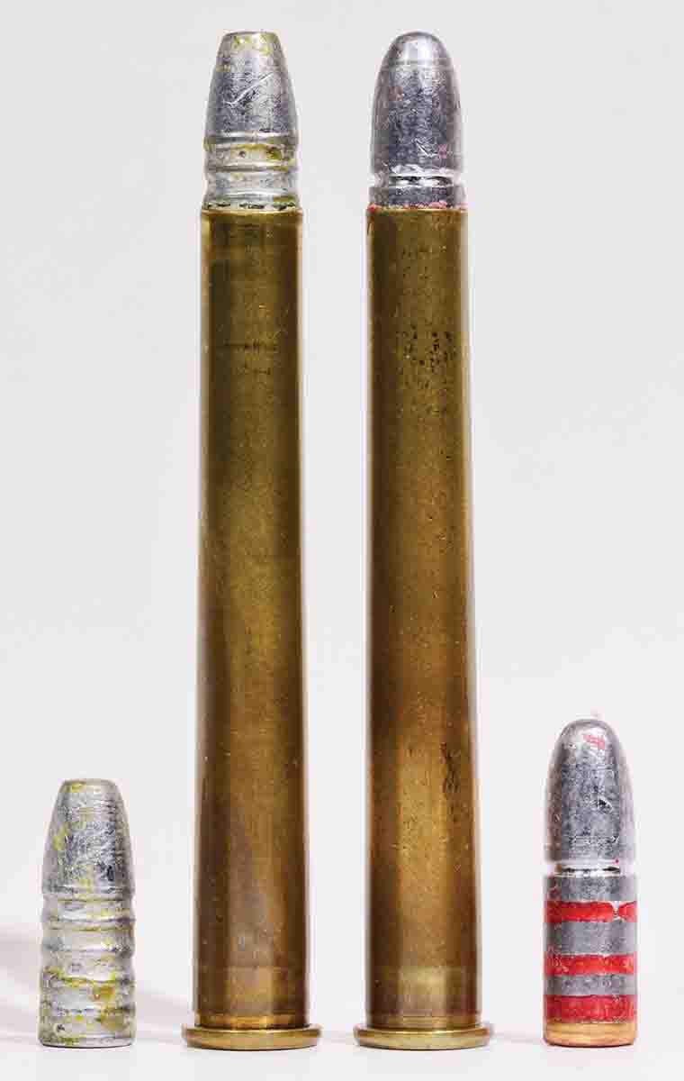 At left is a 120-grain bullet from an old Lyman mould 287221, loaded to leave two lube grooves exposed. At right is a 140-grain gas-check bullet from Lyman mould 287346. It is seated to almost full depth with no crimp.